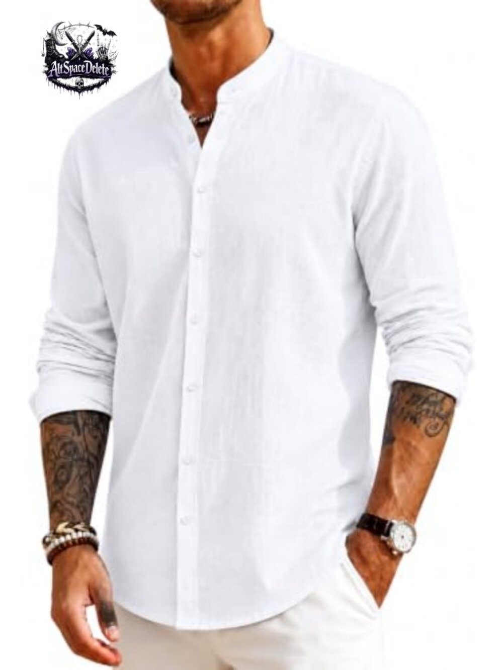 Mens Cotton-Linen Band Collar Button Down Shirt Long Sleeve Casual Beach